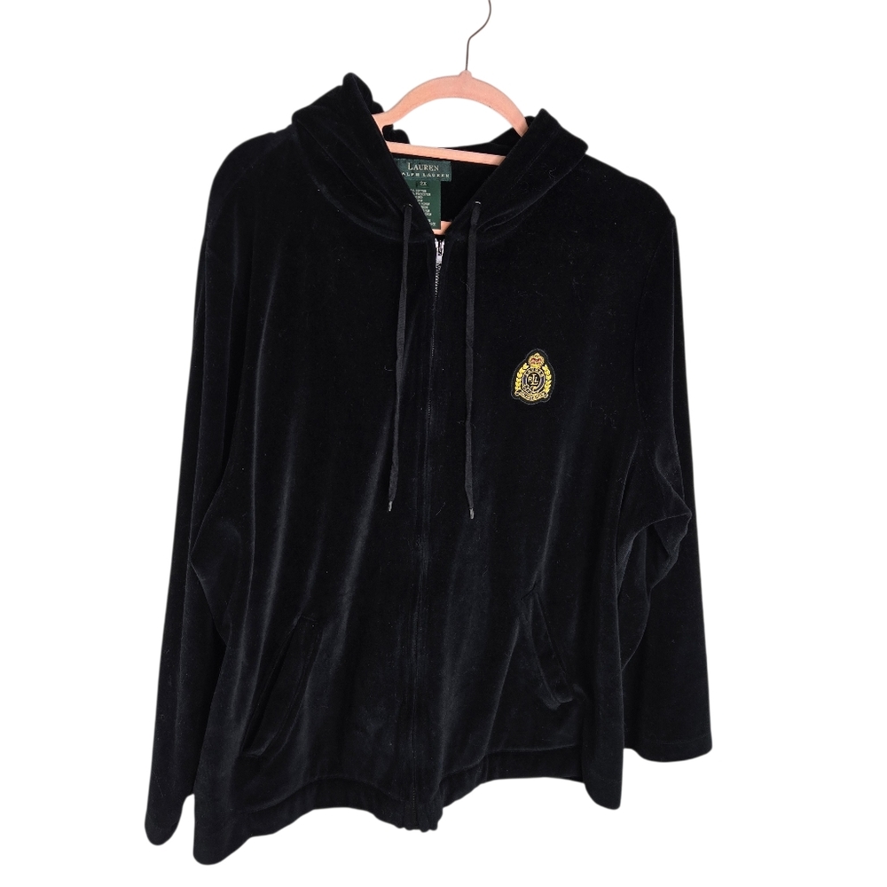Vtg Lauren Ralph Lauren Black Velour Hoodie Sweatshirt Crest  Plus 2x